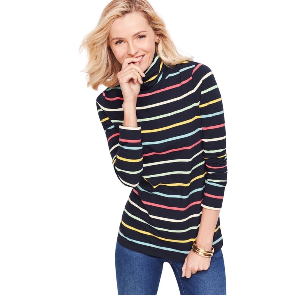Talbots Lucia Stripe Turtleneck Top Womens Plus X Navy Blue Multi Long Sleeve